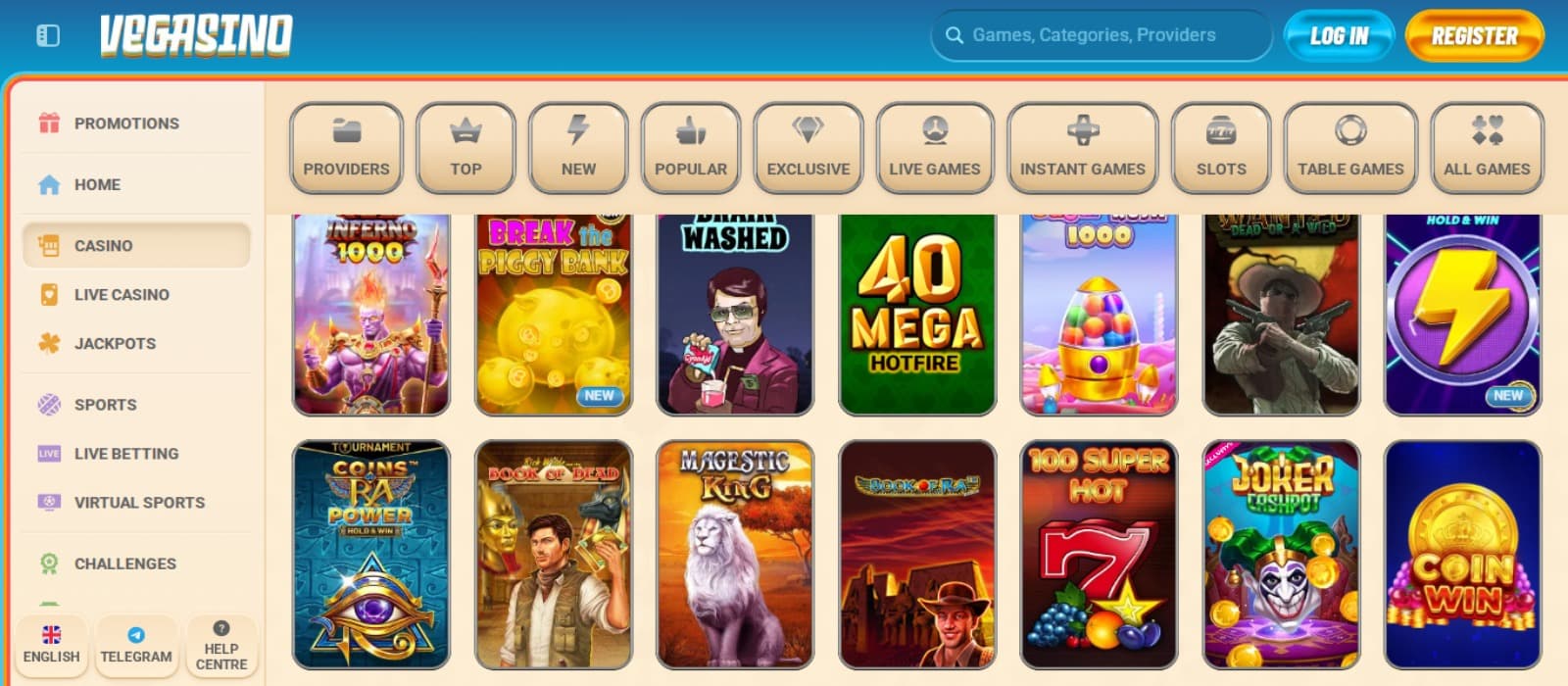 Vegasino Casino games page with the colorful slot game icons, game categories above and side navigational menus