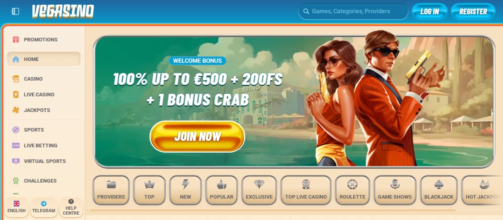 Vegasino Casino landing page with the welcome bonus offer banner displaying a young man and a woman holding gun, side navigational panel and casino game sections below