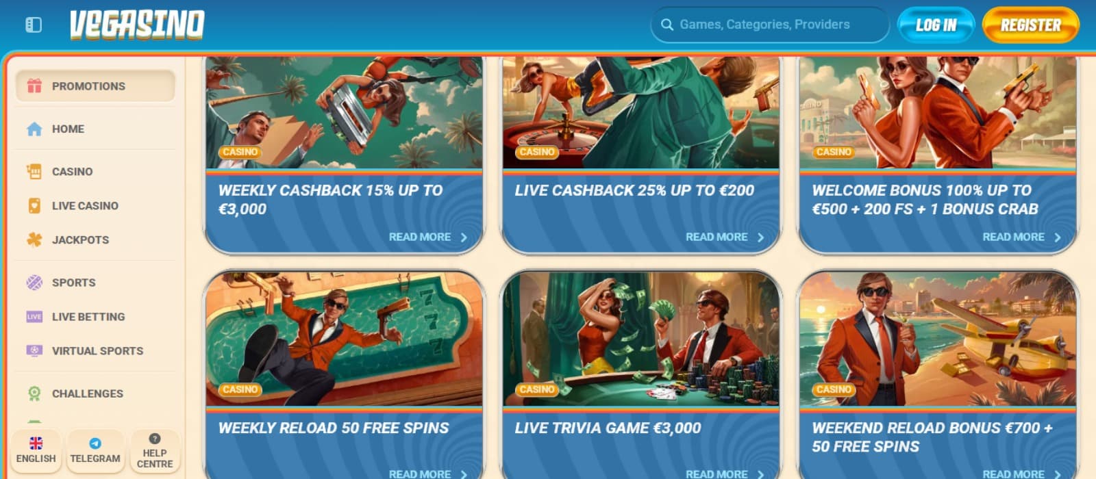 Vegasino Casino promotions page with the various bonus offer banners and side navigational menus