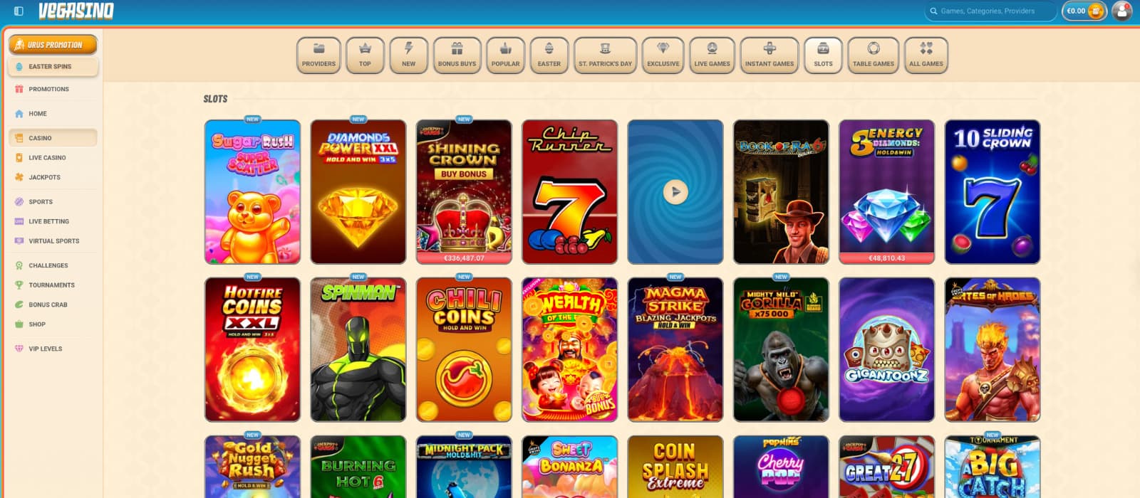 Vegasino casino games page with slot grid, category filters, and titles like Sugar Rush and Book of Ra