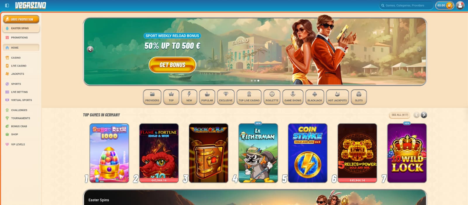 Vegasino casino landing page with welcome bonus banner, left-side navigation menu, and featured slot game
