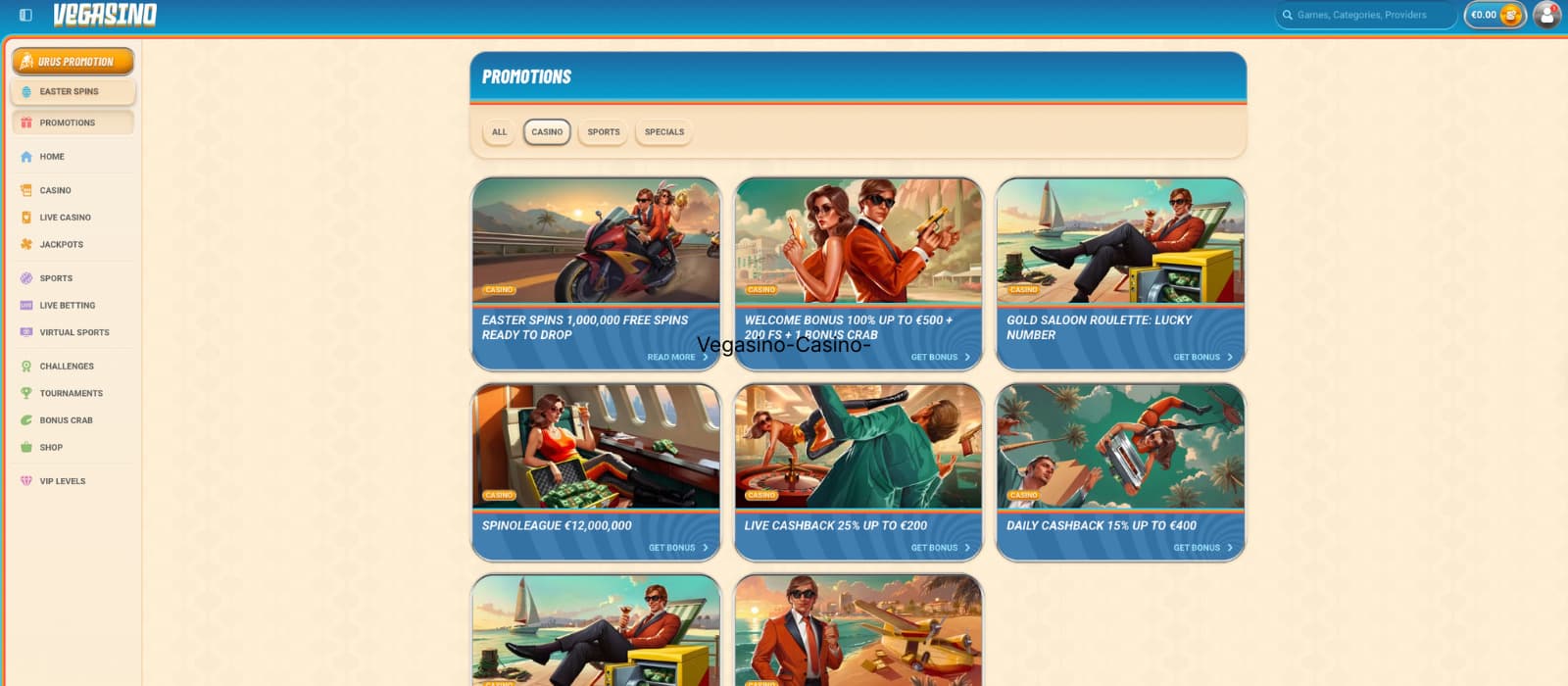 Vegasino casino promotions page showing cashback offers, welcome bonus, and Spinoleague reward