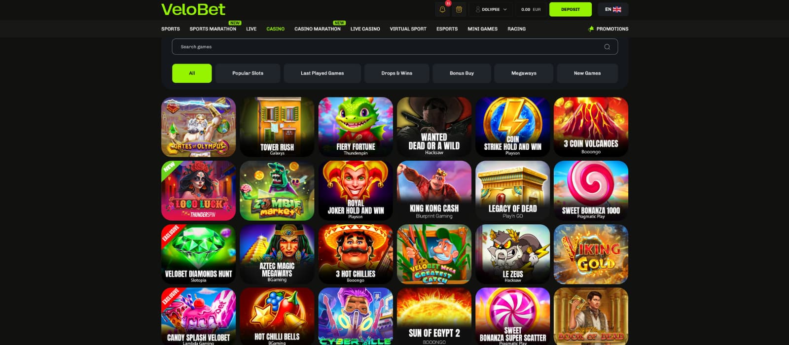 VeloBet casino games page displaying a large grid of popular slots and category filters.