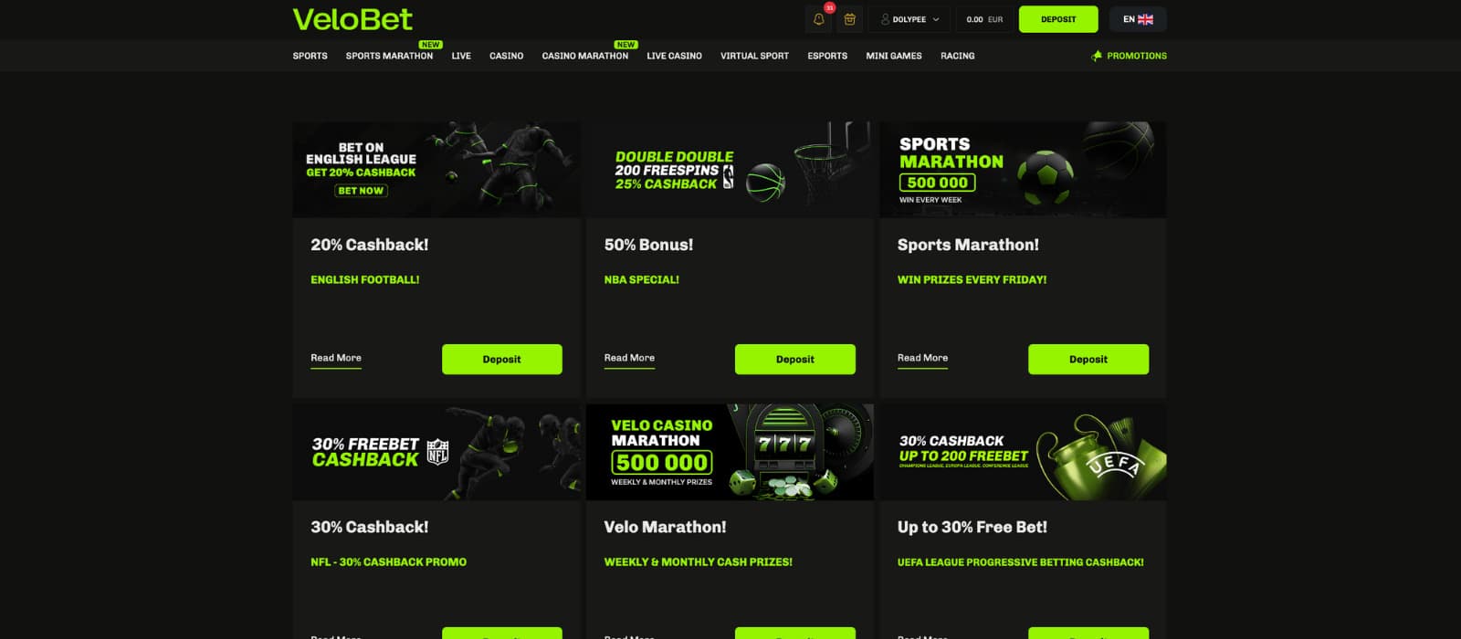 VeloBet promotions page highlighting cashback offers, bonuses, and weekly marathon events.