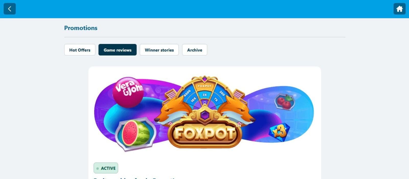 Vera & John Casino's promotions page, showing active game reviews.