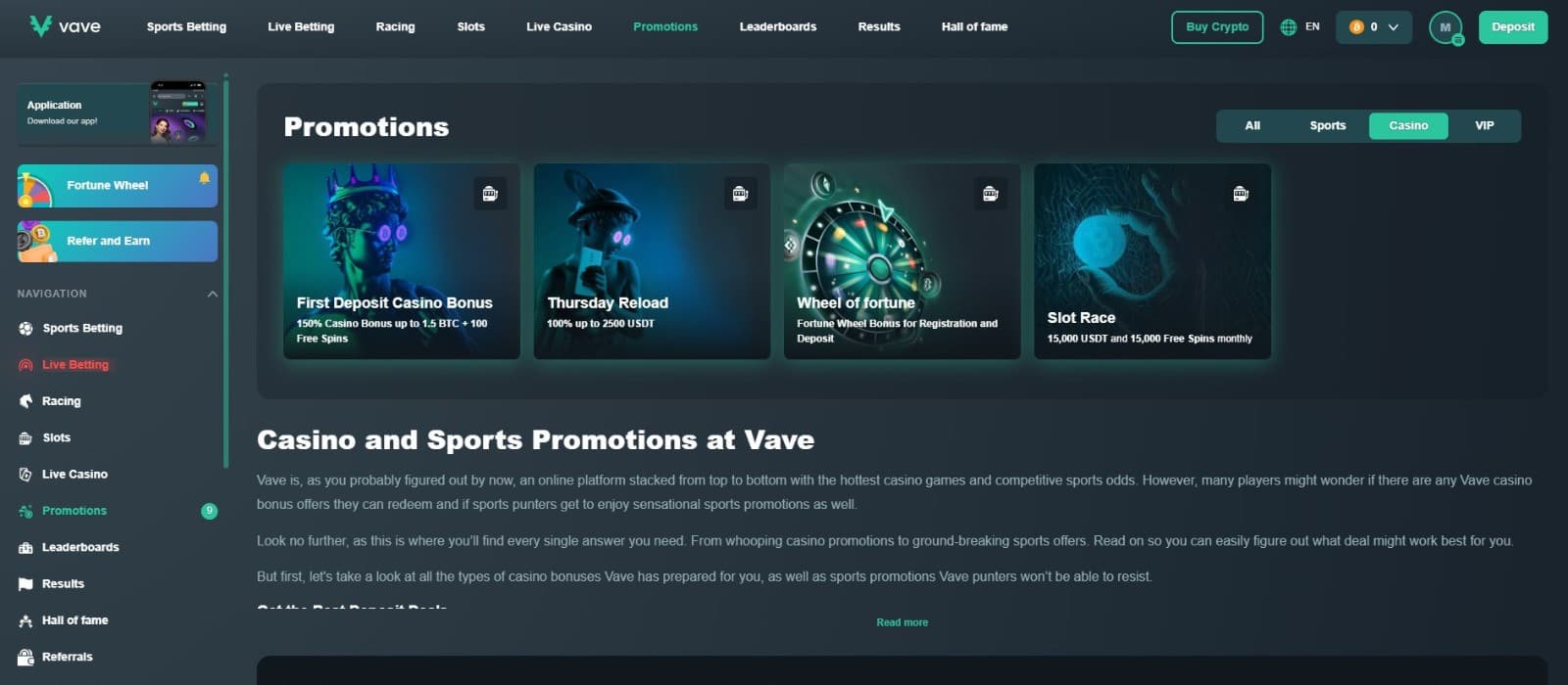 The promotions page of Veva Casino shows a range of casino bonuses, such as the first deposit bonus, reload bonus, and more.