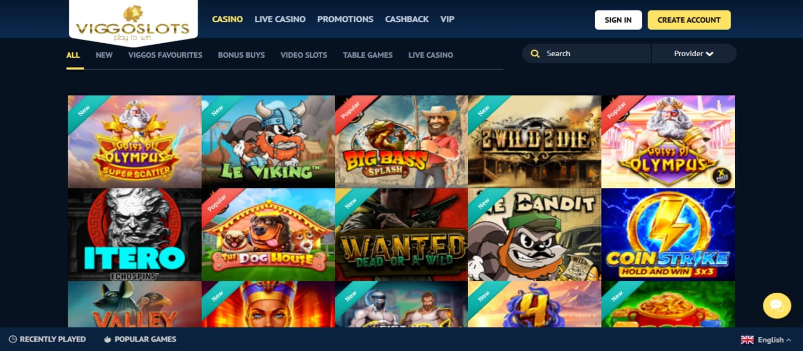 Viggoslots Casino games page with the colorful slot game icons and top navigational menus