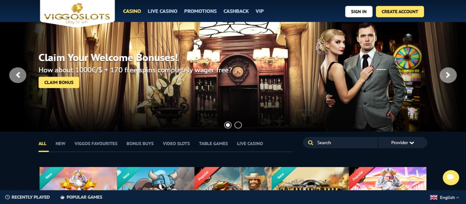 Viggoslots Casino landing page with the welcome bonus offer banner, game categories and top navigational menus