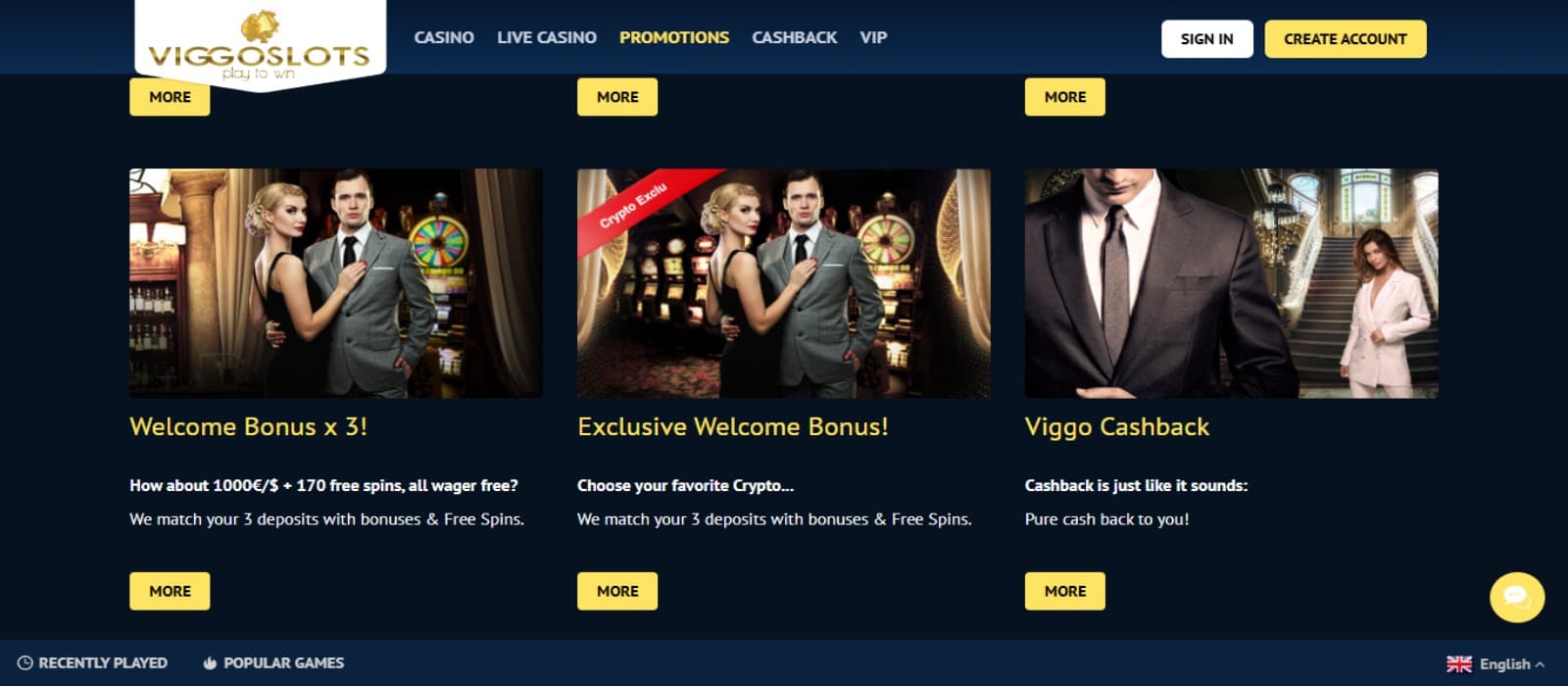 Viggoslots Casino promotions page with the various bonus offer banners and top navigational menus
