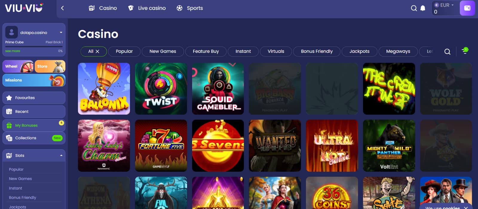 Viu-Viu Casino games page displaying a selection of popular slot games with filters for categories like new games, jackpots, and bonus-friendly titles.