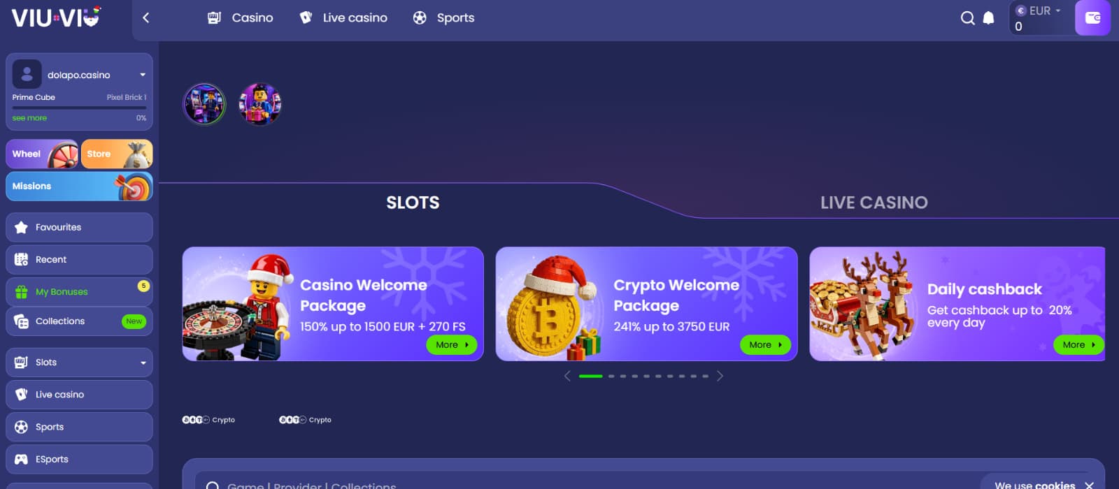 Viu-Viu Casino landing page highlighting casino and crypto welcome packages, daily cashback offers, and quick navigation between slots and live casino sections.