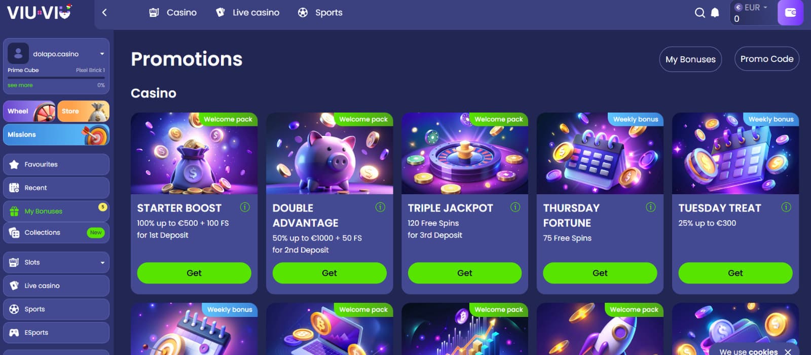 Viu-Viu Casino promotions page showing welcome bonuses, weekly bonuses, and deposit offers displayed in a grid layout with colorful bonus cards.