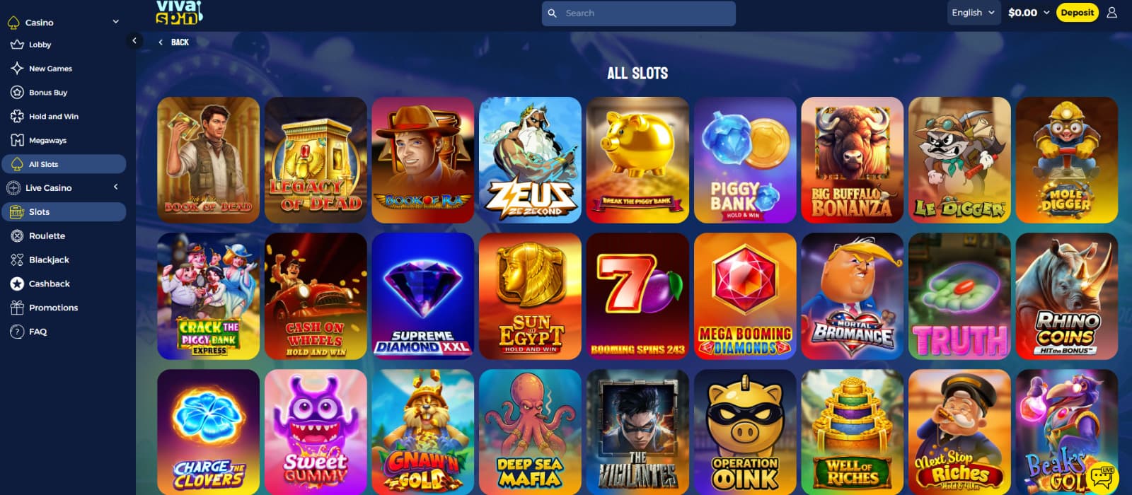 Vivaspin Casino games page showing the All Slots game library with featured slot games, category filters, and the casino navigation menu.