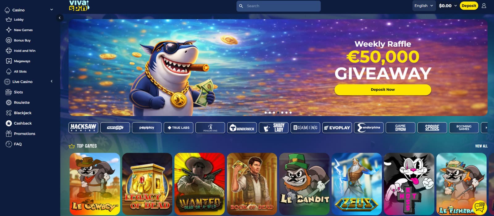 Vivaspin Casino landing page showing the homepage with the weekly raffle banner, top game carousel, provider shortcuts, and left-side navigation menu.