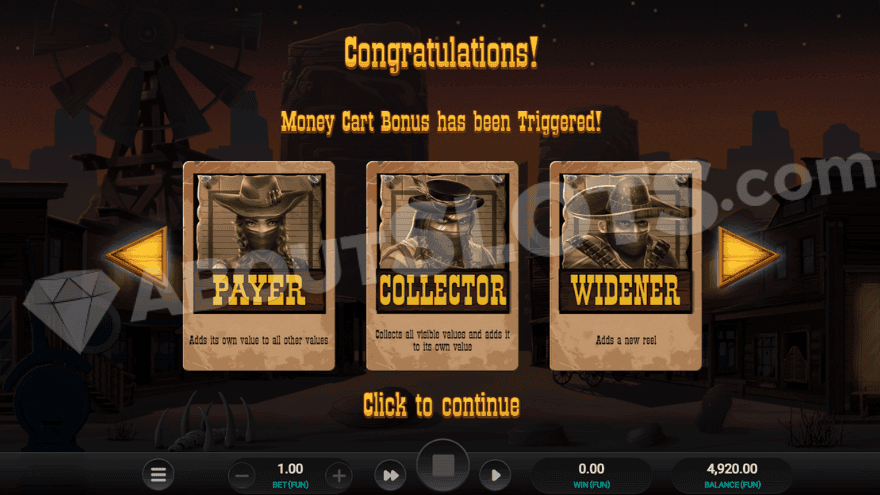 An intro screen to the Money Cart Bonus Game with a picture of the Payer, Collector, and Widener.