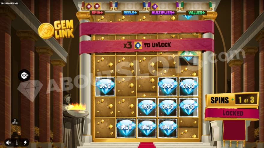 Gem Link Respins wth diamond symbols locked on some of the reels.