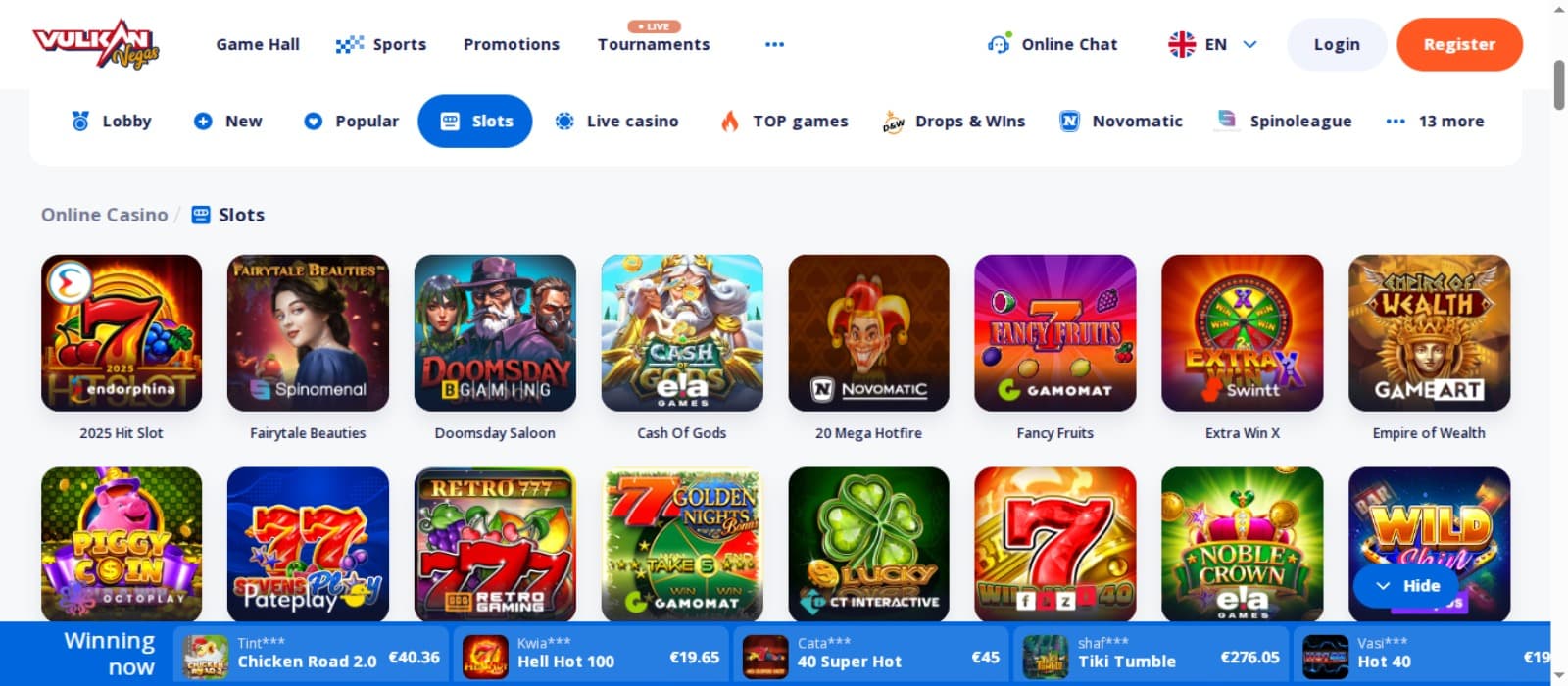 VulkanVegas Casino games page with the colorful slot game icons, game category filters above and top navigation menus