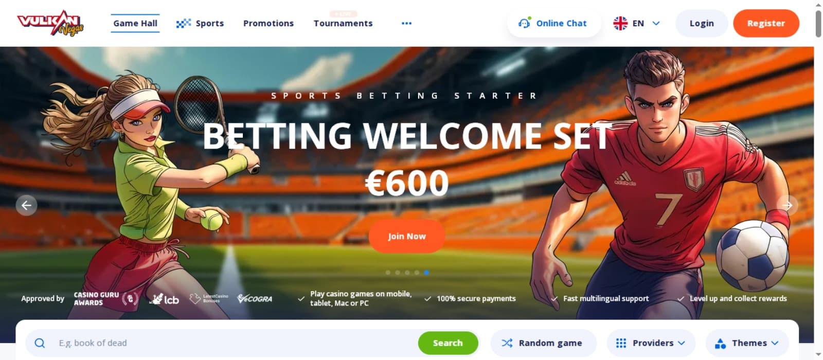 VulkanVegas Casino landing page with the sportsbetting welcome bonus banner and top navigational menus