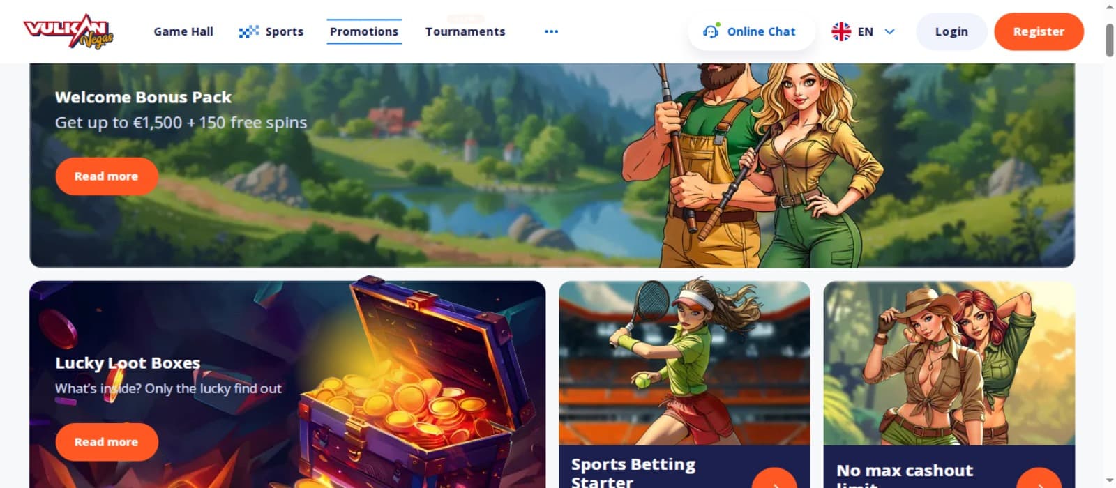 VulkanVegas Casino promotions page with the casino welcome bonus and other bonus offer banners and top navigation menus