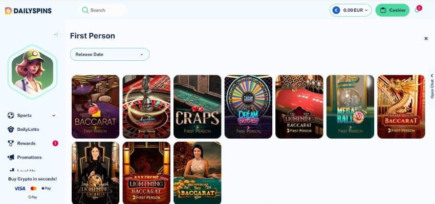 Dailyspins Casino’s Table Games lobby showing variations of baccarat.