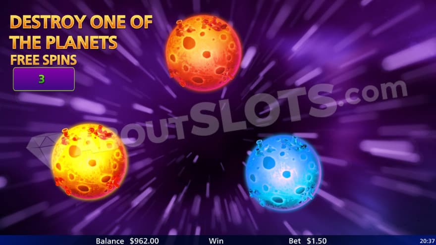 Free Spins intro where you see planets to destroy.