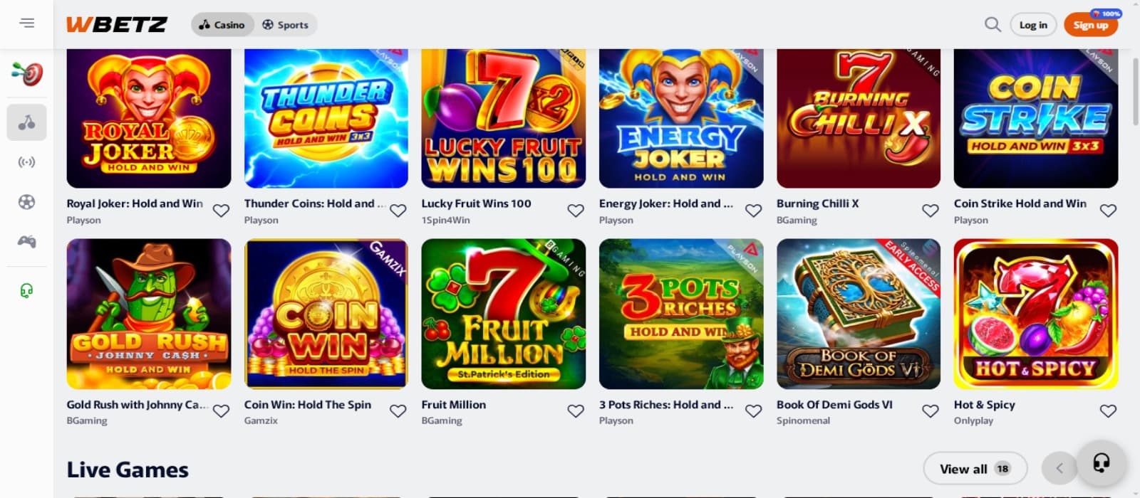 WBetz Casino games page with the colorful slot game icons, live games categories below and side navigational icons