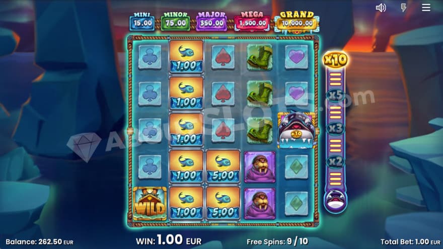 Bonus game with an orca symbol on the fifth reel with a 10X multiplier. 
