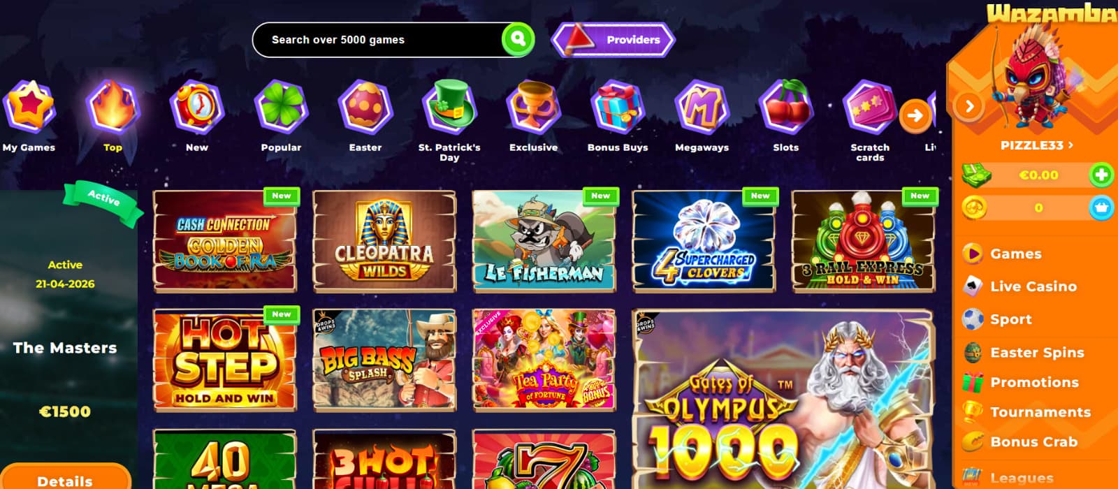 Wazamba Casino lobby showing slots, live dealer games and multiple provider filters