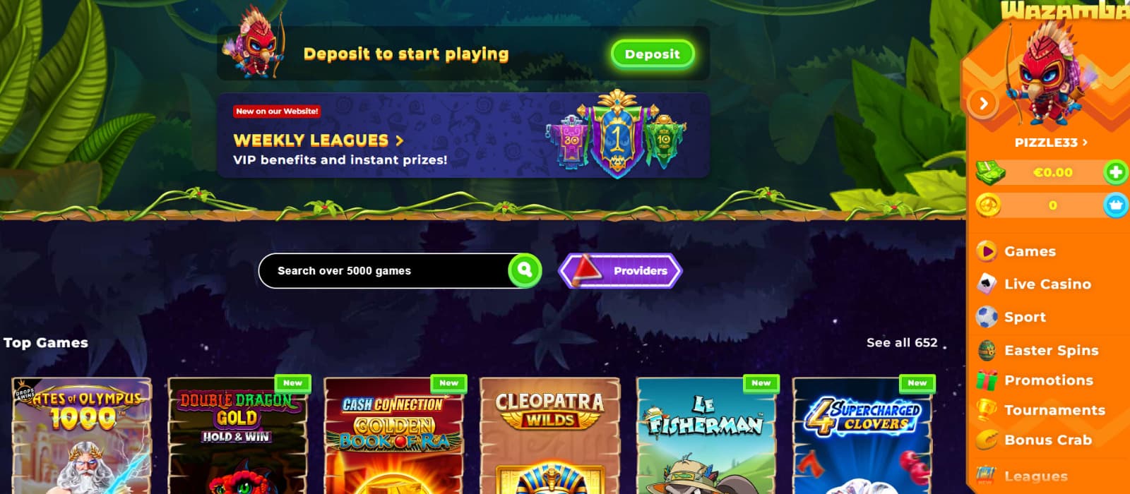 Wazamba Casino homepage showing colorful design, welcome bonus banner and featured slot games