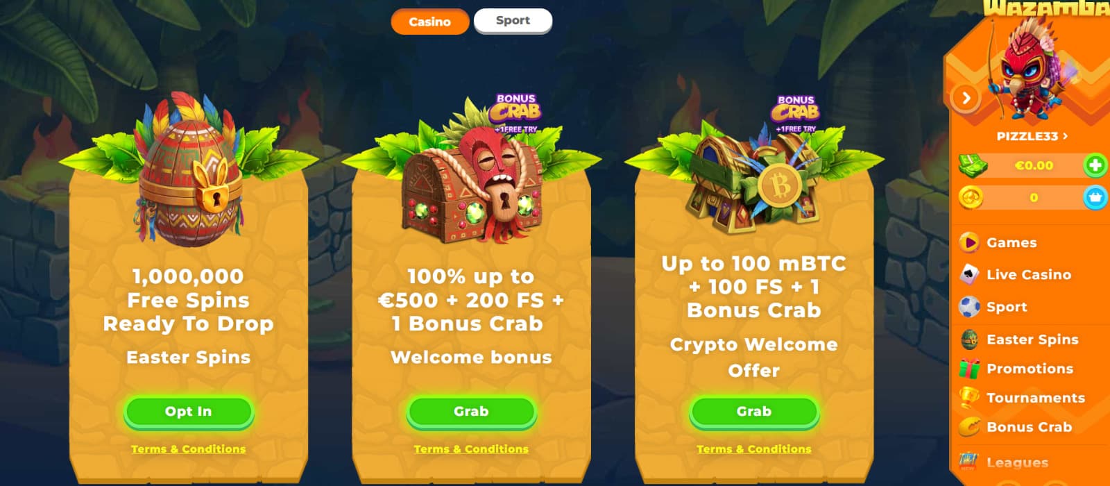 Wazamba Casino bonus page displaying deposit match offer, free spins and cashback promotions
