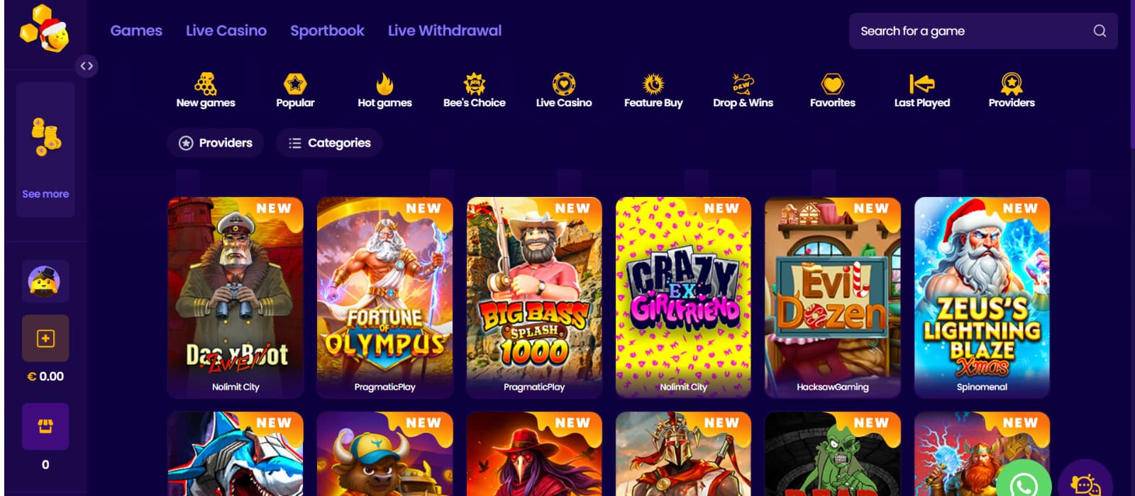 Wazbee Casino games page displaying the slot games lobby with featured new and popular titles, provider icons, and category filters across the top navigation.