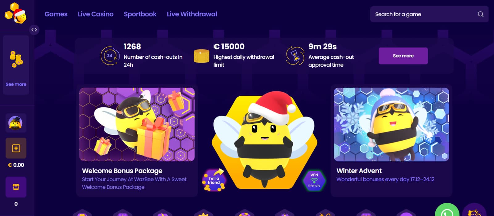 Wazbee Casino landing page displaying the homepage hero section with the bee mascot, welcome bonus tiles, live withdrawal stats, and quick-access navigation for games and sportsbook.