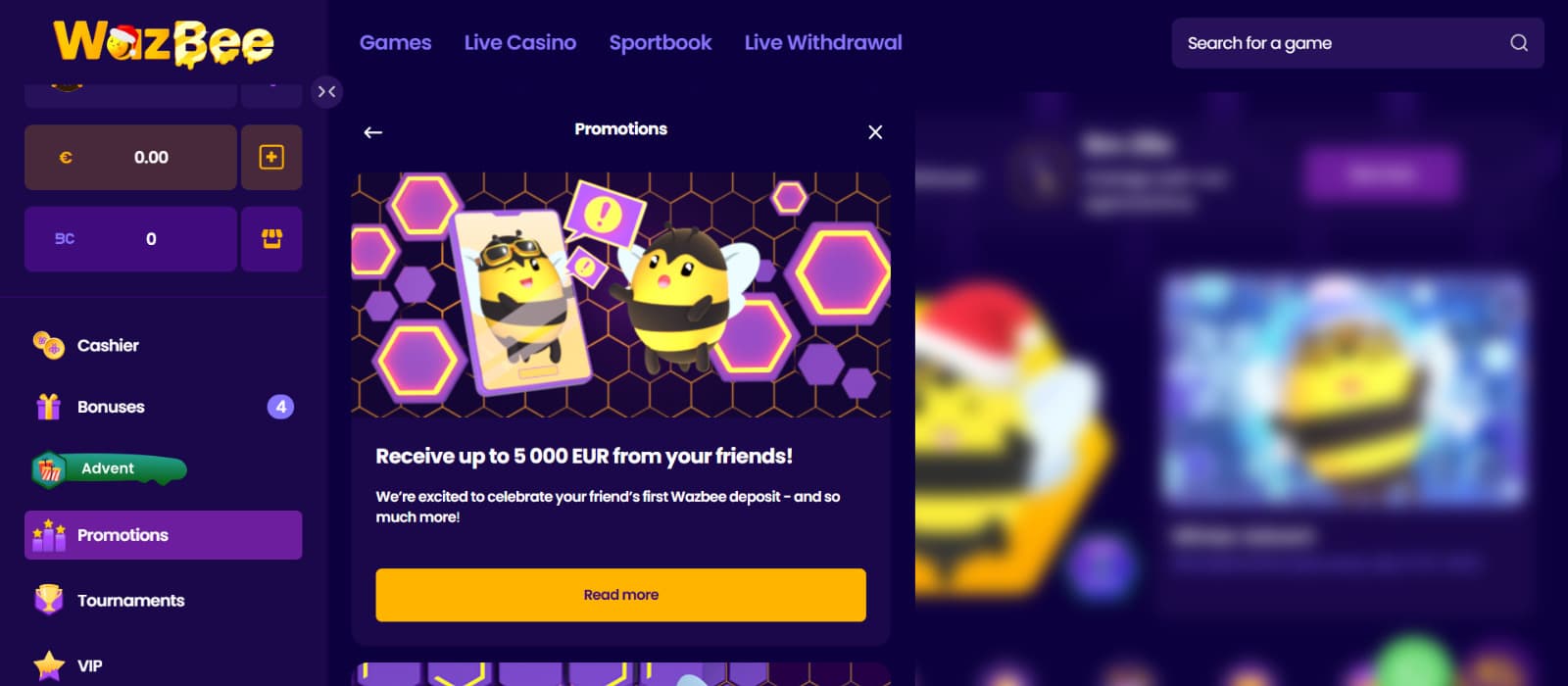 Wazbee Casino promotions page displaying the active bonuses panel with seasonal offers, referral rewards, and promotional cards highlighted in a pop-up layout.