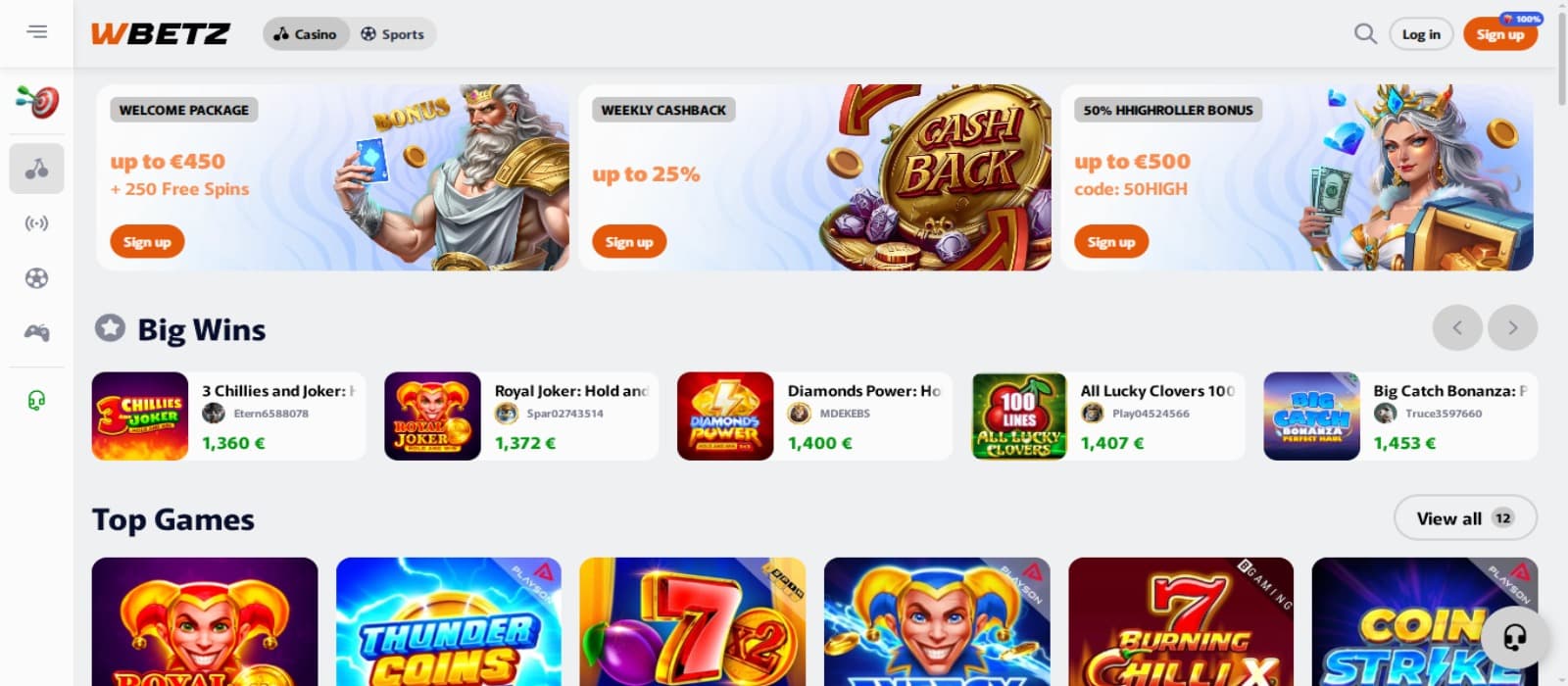 WBetz Casino landing page with the welcome bonus, weekly bonus offer banners and slot game icons below