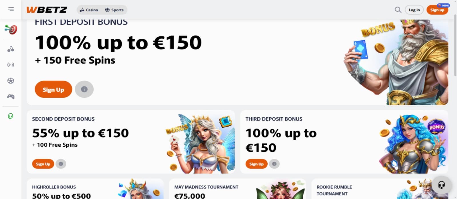 WBetz Casino promotions page with the welcome bonus, tournament promotions banners and side navigational icons