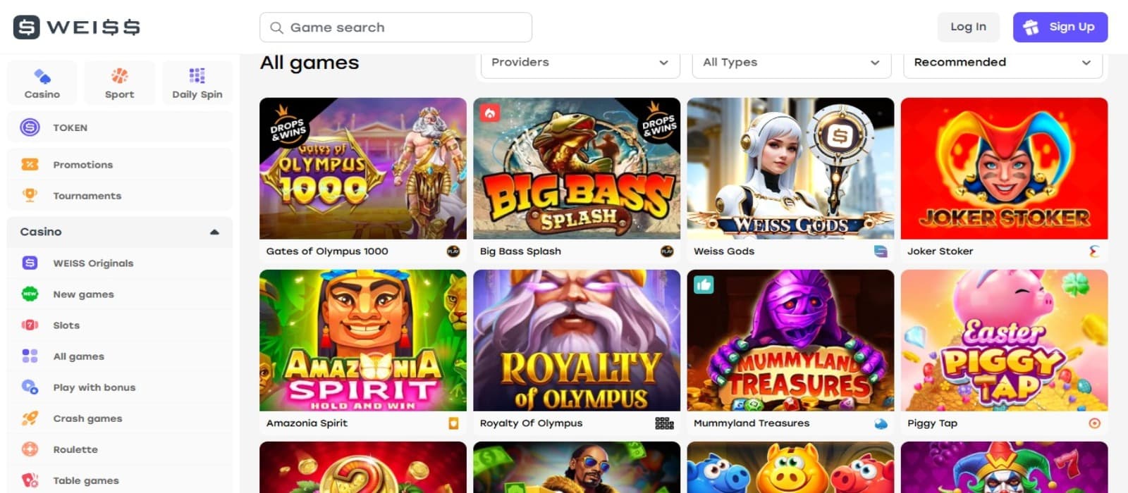 Weiss Casino games page with the colorful slot game icons and left navigational menus