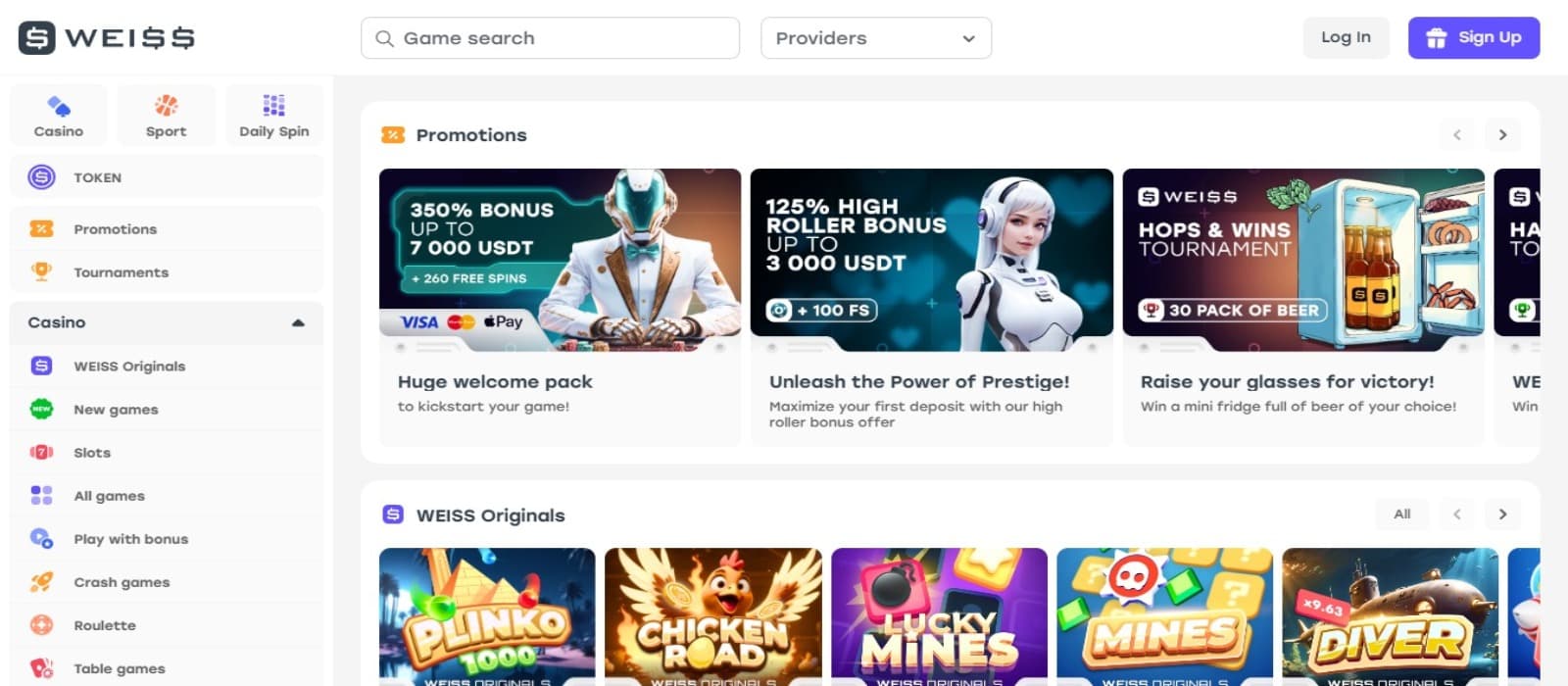 Weiss Casino landing page with the bonus offer banners, slot game icons and left navigation panel