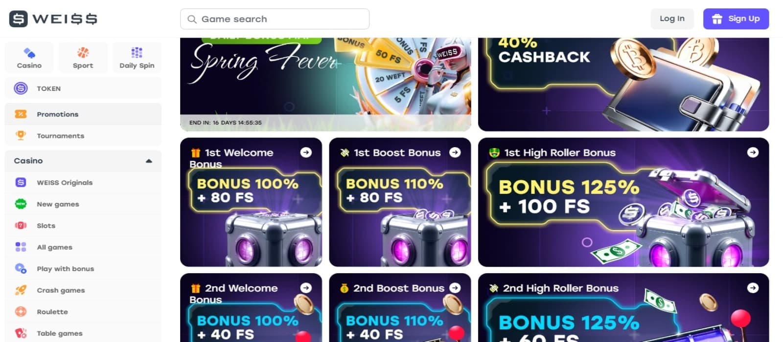 Weiss Casino promotions page with the welcome bonus offer banners, high roller bonus offer banners and left navigational menus
