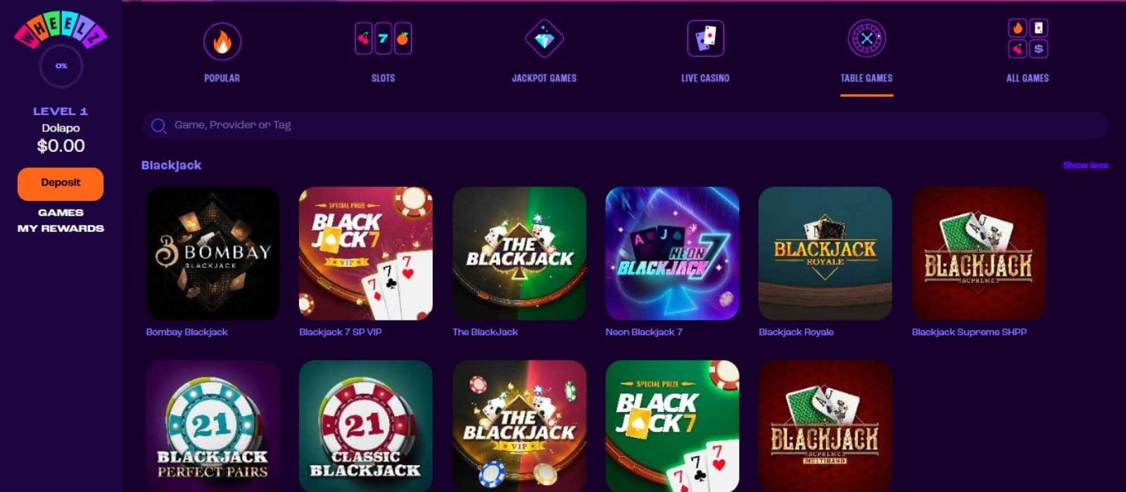Wheelz Casino's table games category, showing variations of blackjack.