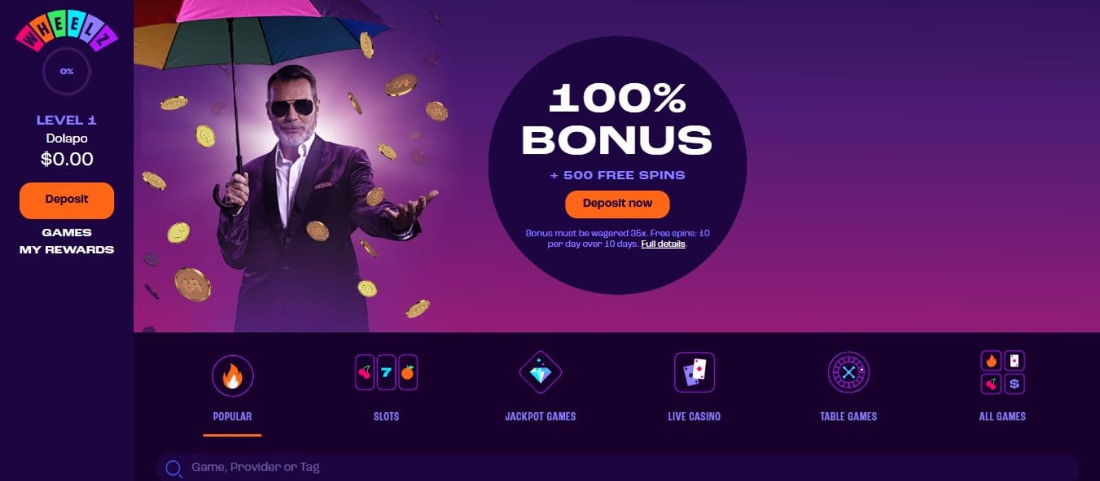 Wheelz Casino's landing page, showing the welcome package and a horizontal menu.