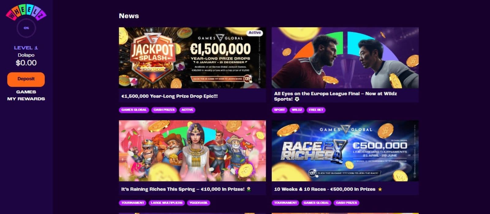 Wheelz Casino's promotion page, showing exciting tournaments.