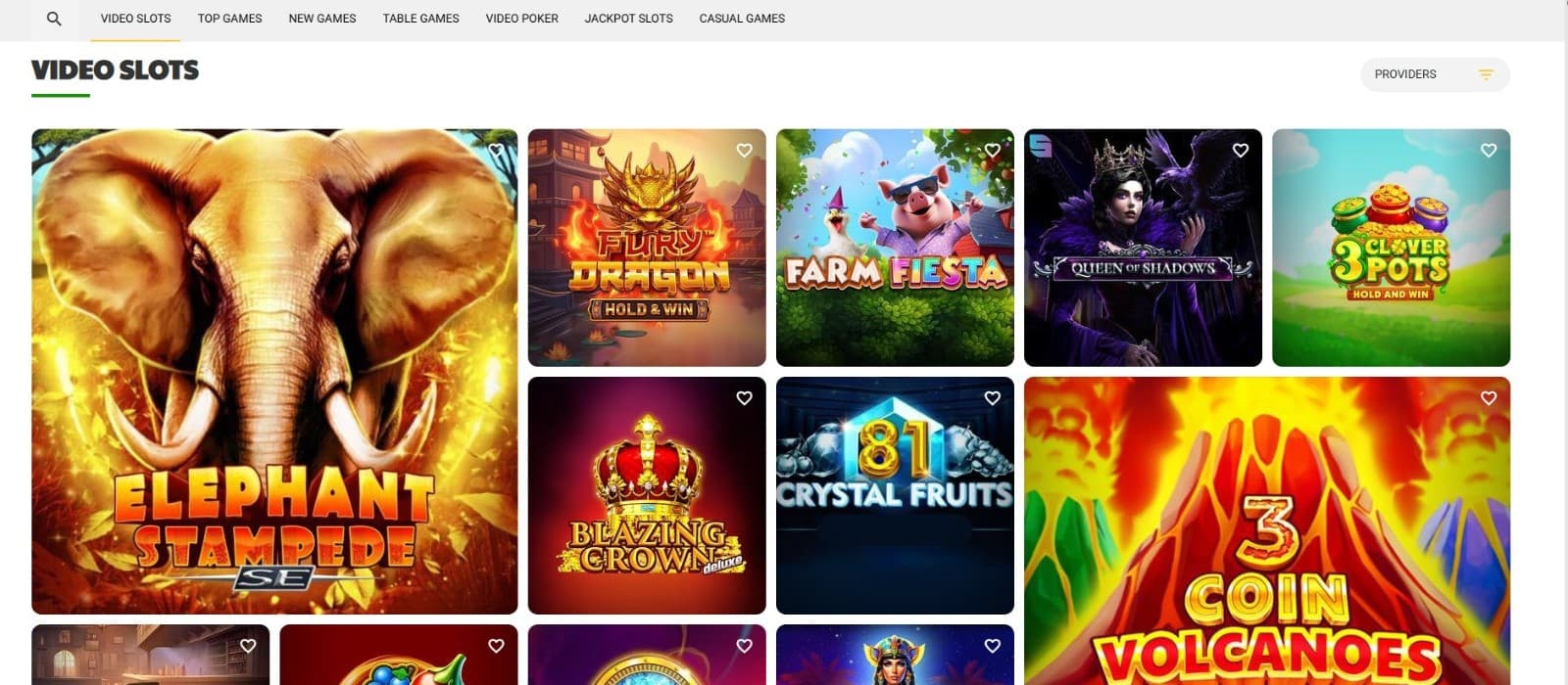 The games page of WikiLuck Casino showcases a rich selection of video slots, such as Elephant Stampede, Farm Fiesta, and more.