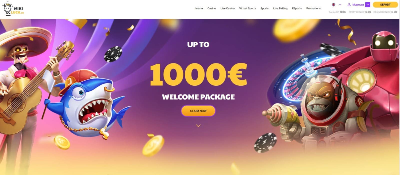 The landing page of WikiLuck Casino displays the welcome package up to 1000 euros.