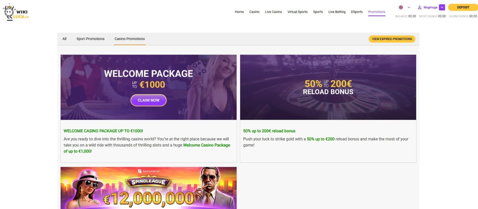 The promotions page of WikiLuck Casino presents a range of casino bonuses including the welcome package, reload bonus, and more.