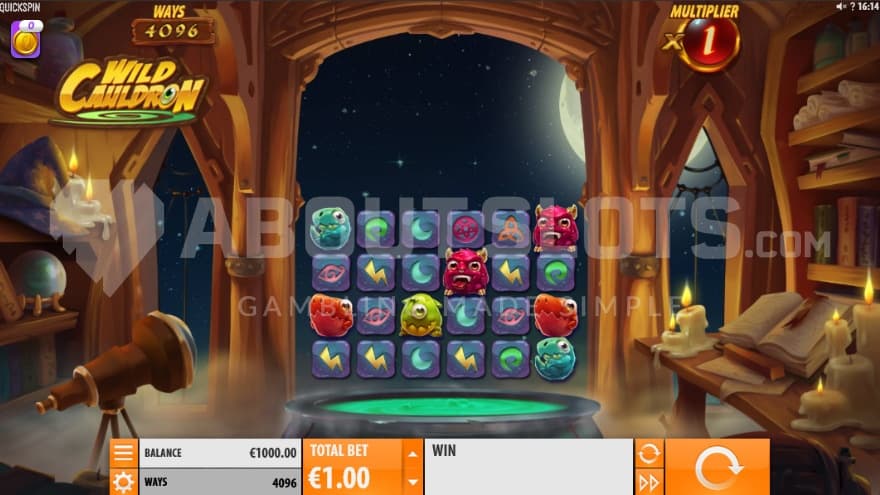 Playing Grid set inside a witch cabin with a big window and a full moon in the background