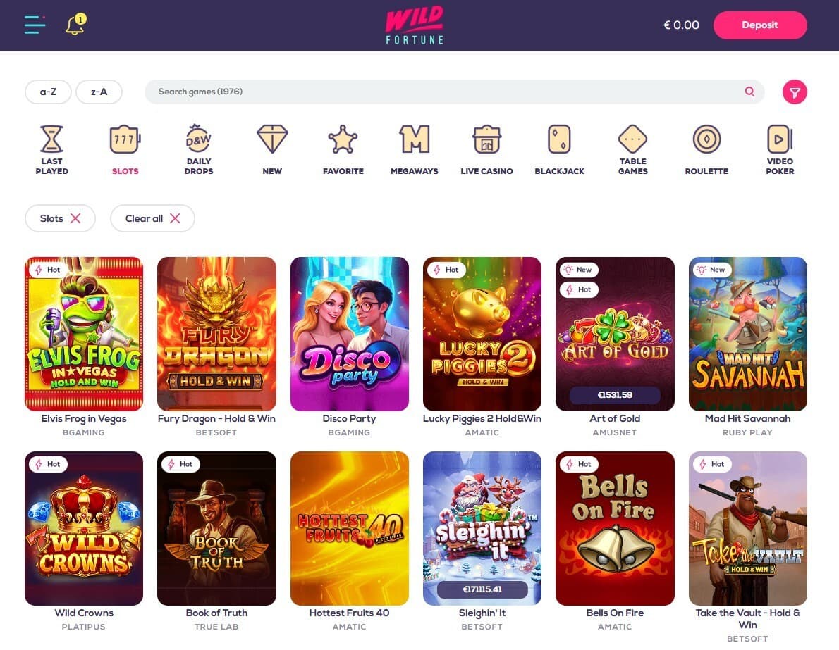 The games page of Wild Fortune Casino displays slot games, such as Elvis Frog, Disco Party, and more.