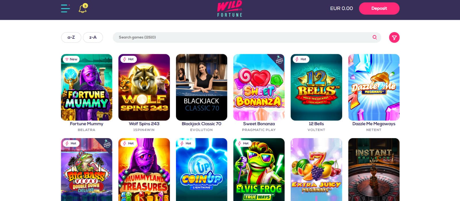 Wild Fortune Casino games page showing the full game library with slots, live casino titles, and search and filter tools for easy browsing