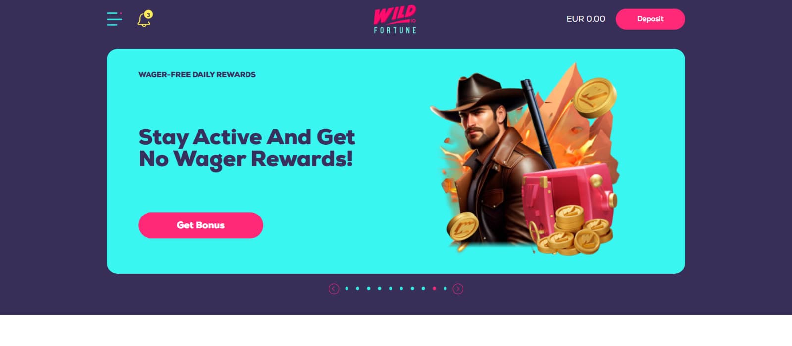 Wild Fortune Casino landing page highlighting the five-stage deposit bonus structure with matched bonuses and wager-free free spins