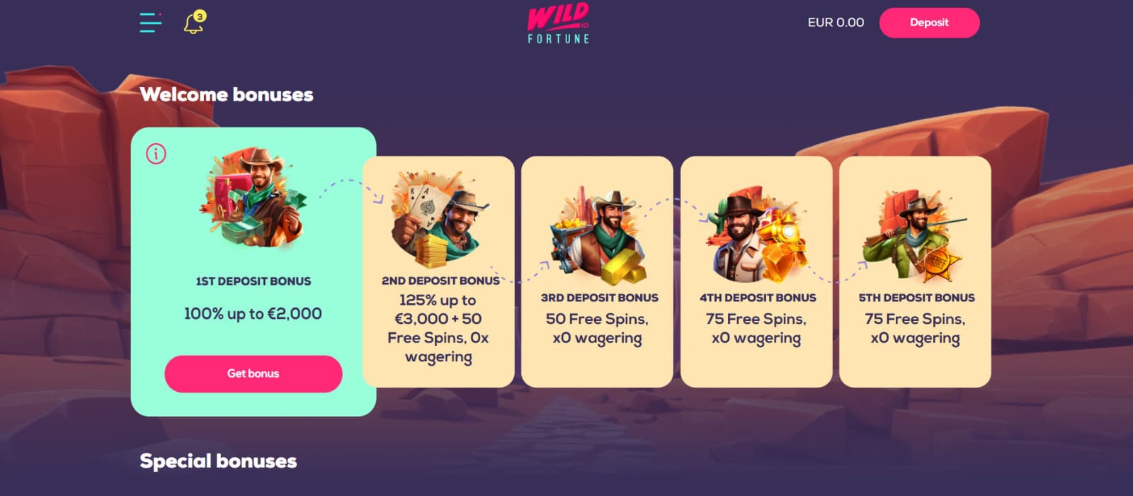 Wild Fortune Casino promotions page displaying the wager-free daily rewards banner with a cowboy-themed bonus feature and call-to-action button