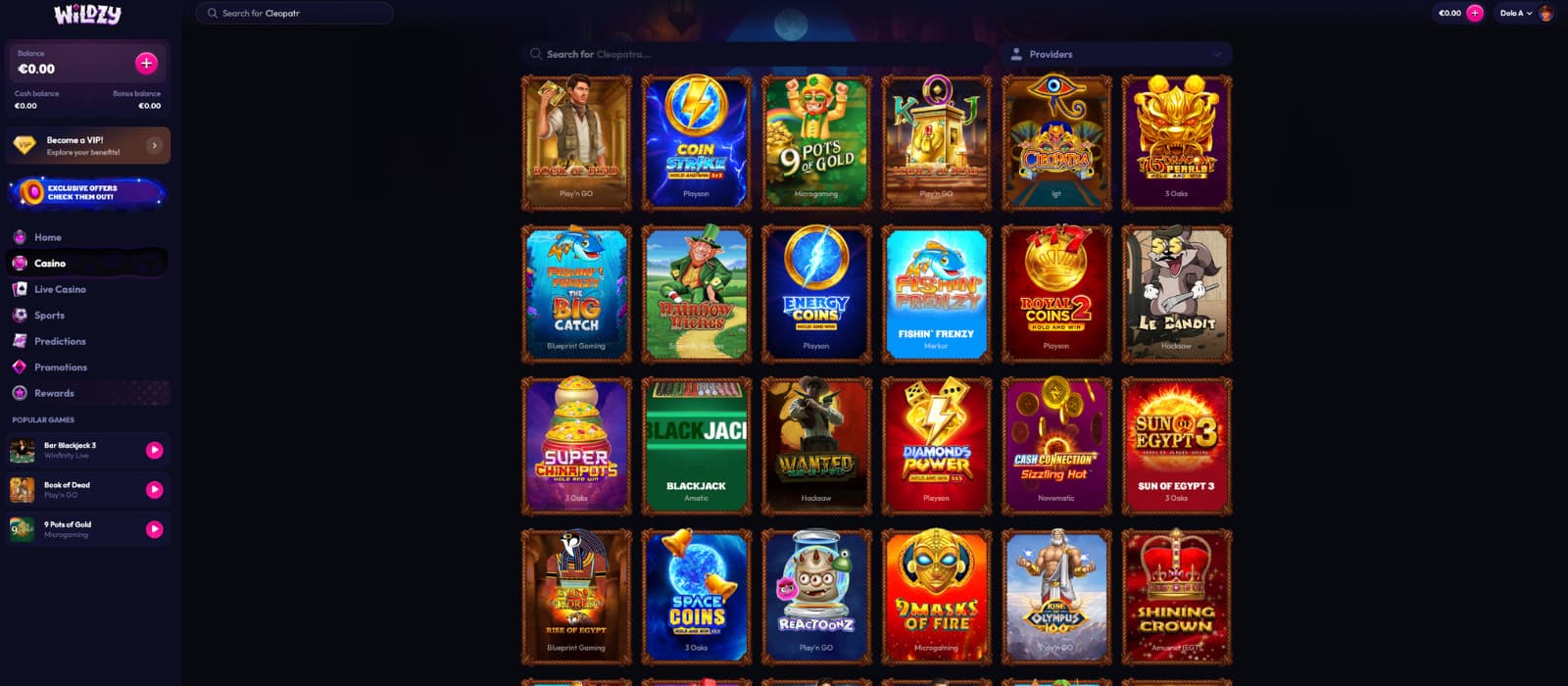 Wildzy Casino games page displaying the slot library with provider filters, search bar, and featured casino titles.